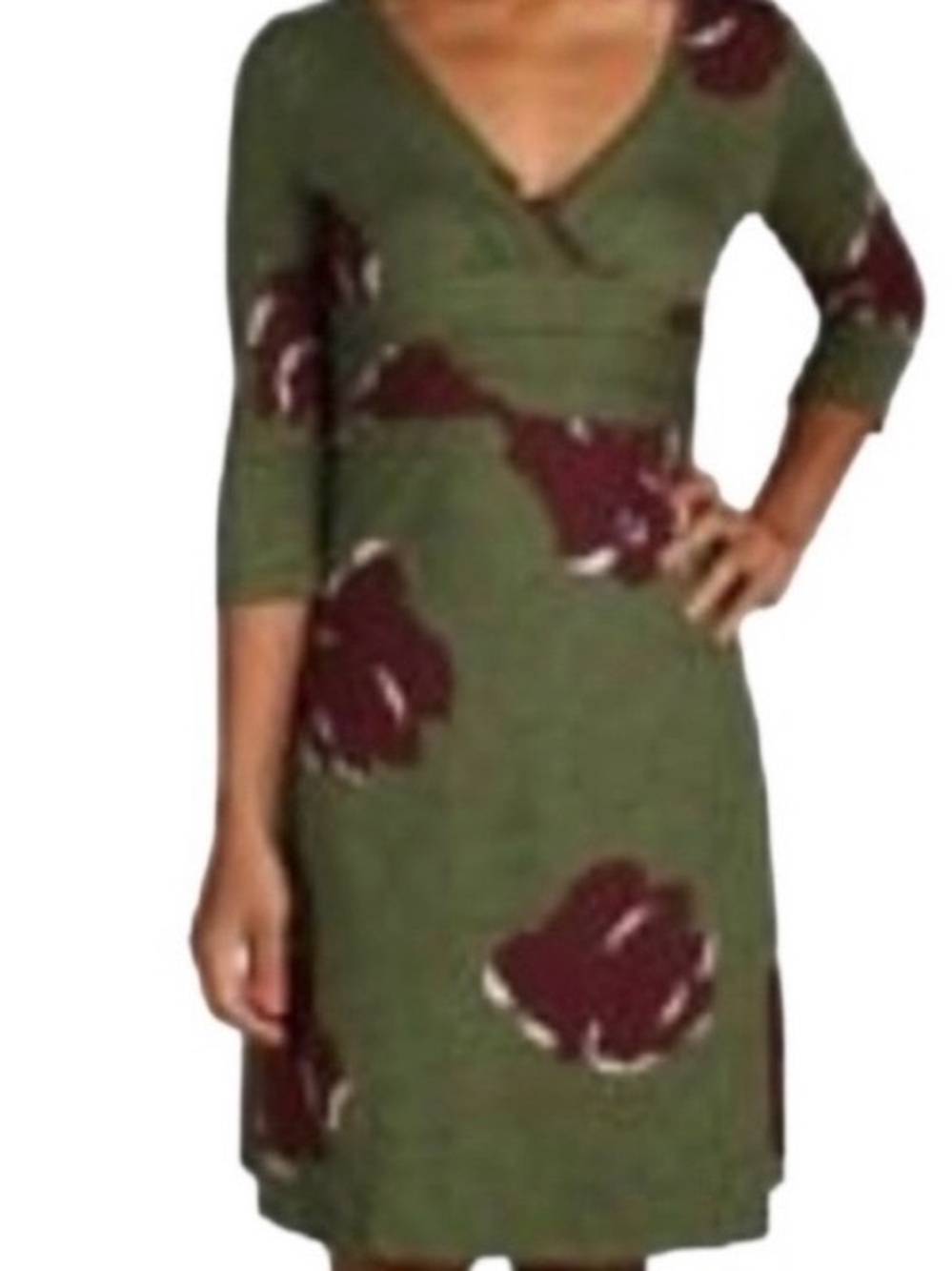 Patagonia Margot 3/4 sleeve Olive Green Floral Wrap Dress with Maroon Blooms L